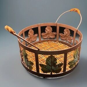 Vintage Metal & Rattan Round Basket w/ Handles and Leaf Accents 8.5" Daimeter